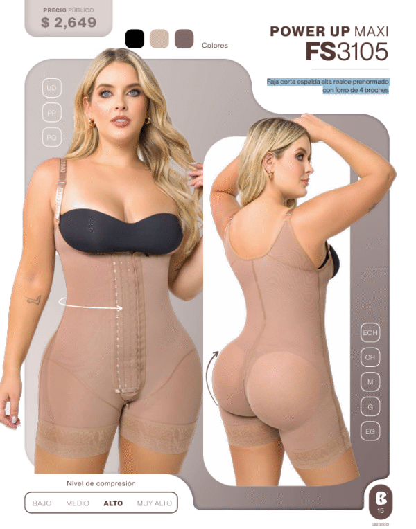 Faja Corta Espalda Alta Realce Prehormado Con Forro De 4 Broches – Power Up Maxi FS3105